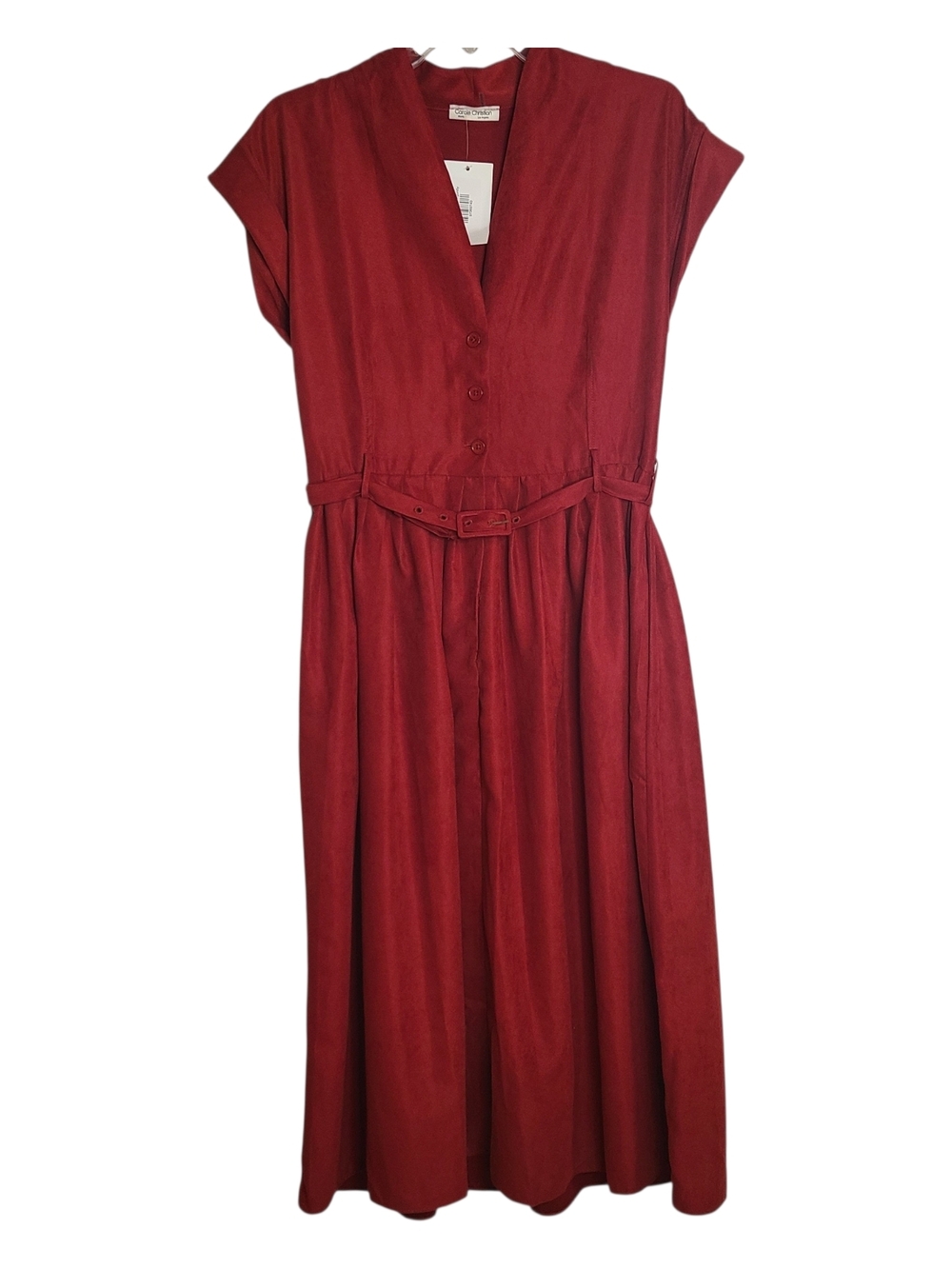 NWT Carole Christian Burgundy Faux Suede Belted Midi Dress - Large